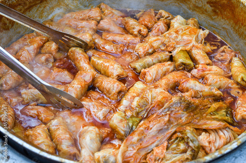 Cabbage rolls with meat, rice and vegetables.Stuffed cabbage leaves with meat.