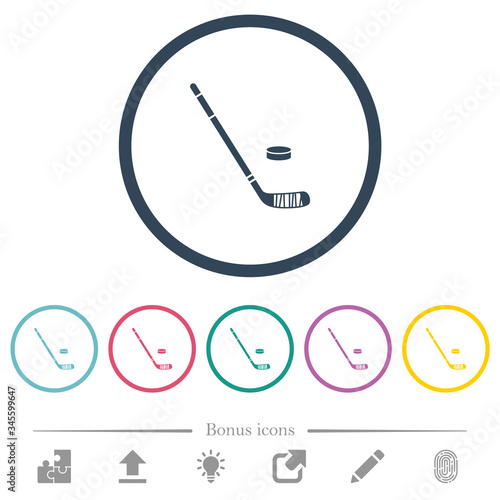 Hockey stick and puck flat color icons in round outlines