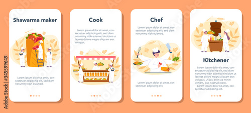 Shawarma street food mobile application banner set. Chef cooking