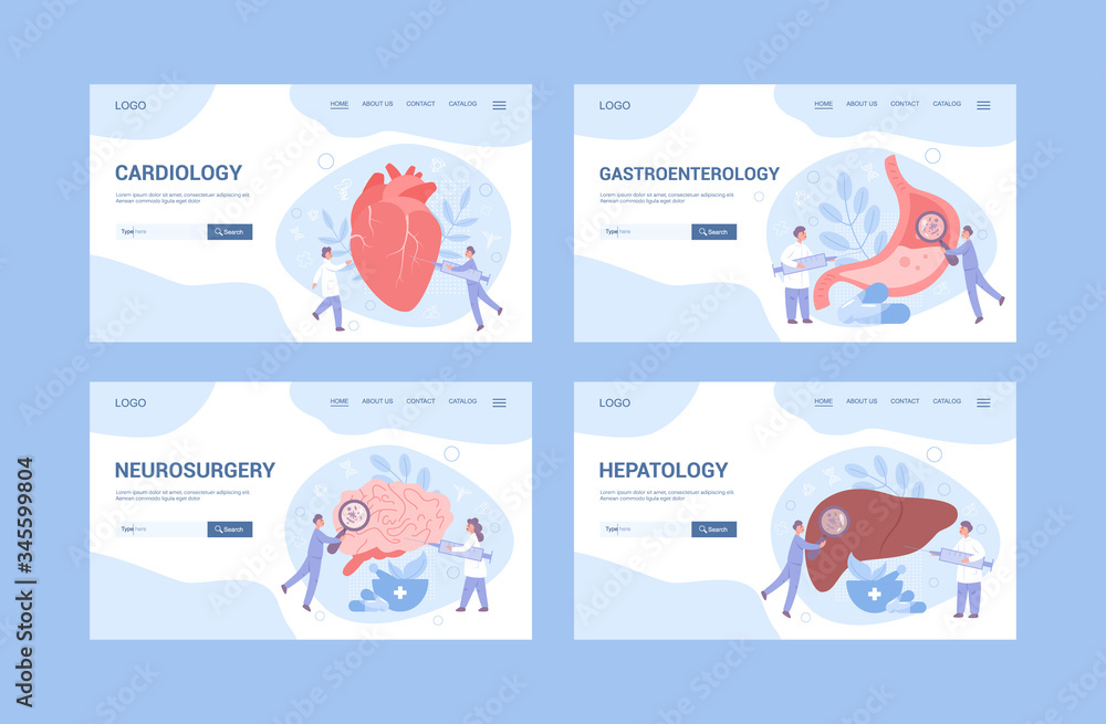 Medical specialty and examination web banner or landing page set.