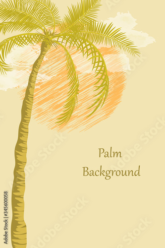 Vintage poster with palm tree  sun and clouds. Yellow tropical summer background with place for text. Invitation flyer  postcard  travel advertisement. Vector illustration with palm tree  sunset