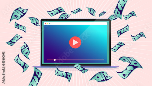 Earn money on video content - Laptop computer with videoclip on screen and dollars flying in air. Passive income, hobbies, and influencer concept. Vector illustration.