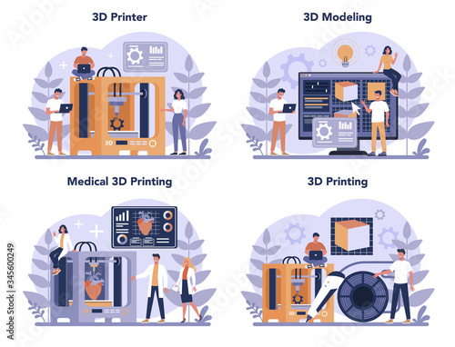 3D Printing technology concept set. 3D printer equipment and engineer.