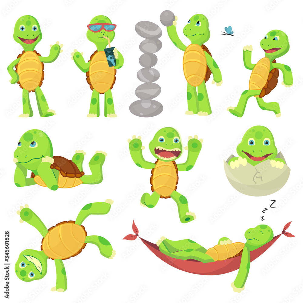 Set of happy young cartoon turtle in different poses. Fanny kid. T-shirt vector logo design Set of happy young cartoon turtle in different poses. Fanny kid. T-shirt vector logo design