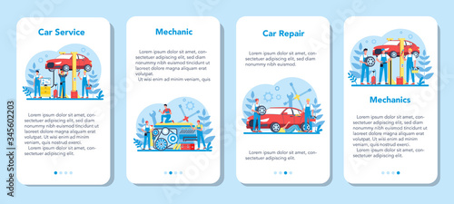 Car service mobile application banner set. People repair car using