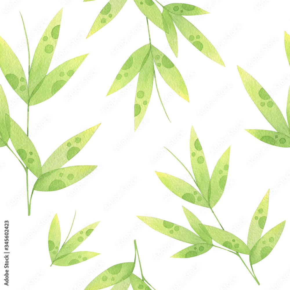 Watercolor seamless pattern with green leaves on white background