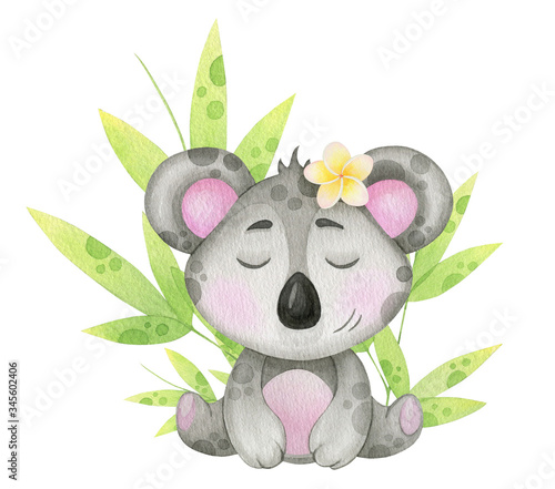 Cute koala bear with tropical leaves. Watercolor illustration for textiles  postcard  baby print  baby birth
