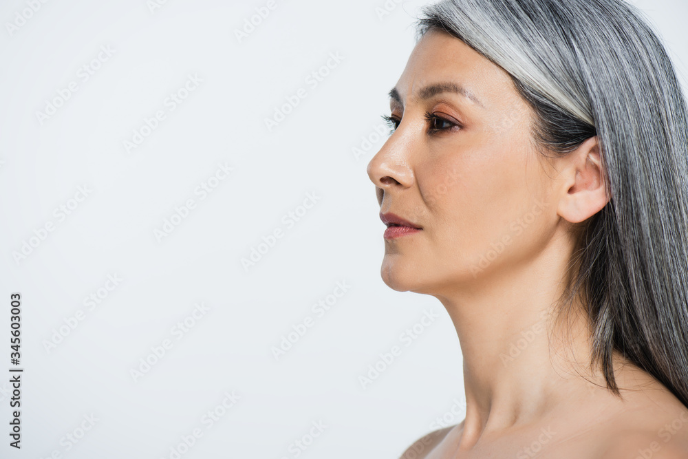 adult asian nude woman with perfect skin and grey hair isolated on grey  Stock Photo | Adobe Stock