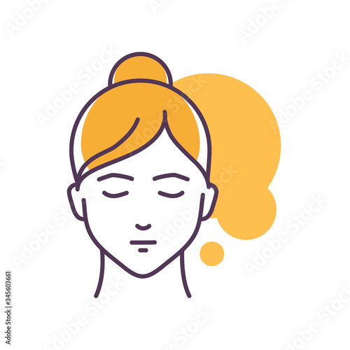Human feeling patience line color icon. Face of a young girl depicting emotion sketch element. Cute character on yellow background. Outline vector illustration