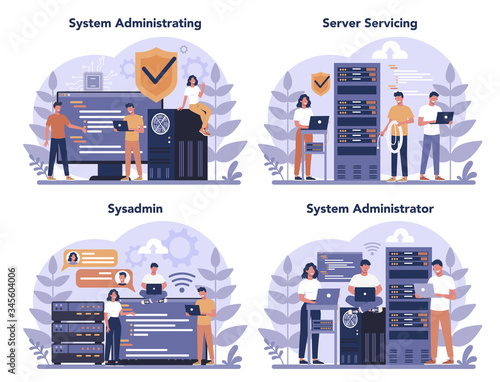 System administrator set. People working on computer and doing