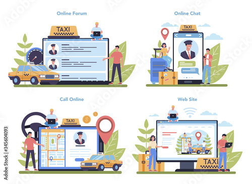 Taxi service online service or platform set. Yellow taxi car. Idea of