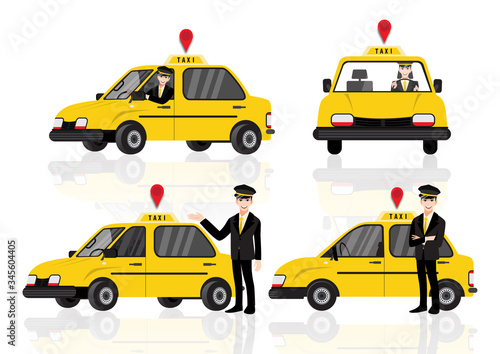 Cartoon character set with Smiling young taxi driver near his car.Taxi service. Vector illustration in flat style