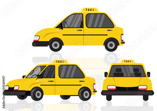 Taxi yellow car cab isolated on white background for animation, front, side, 3-4 view character. Vehicle, flat icon vector Illustration