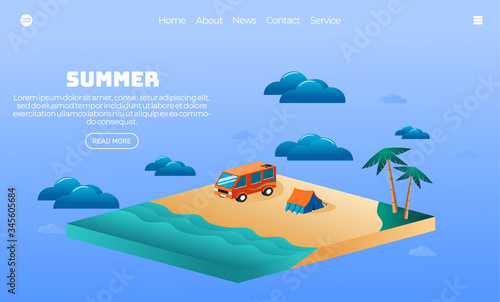 Illustration vector graphic of summer holiday concept, camping on the beach.Isometric style. Perfect for web landing page, holiday banner, holiday poster.etc