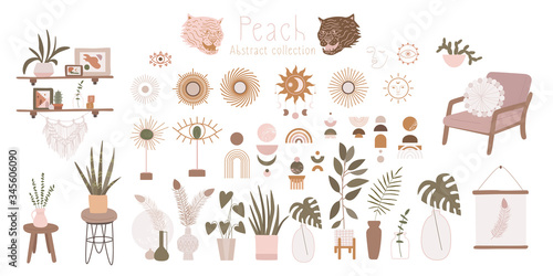 Objects for a cozy sweet home. home flowers and plants. minimalism, primitivism, abstraction. vector graphics, print, trend