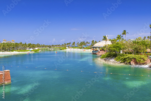 Amazing tropical beach and resort on a beautiful sunny day. Holiday and relax concept