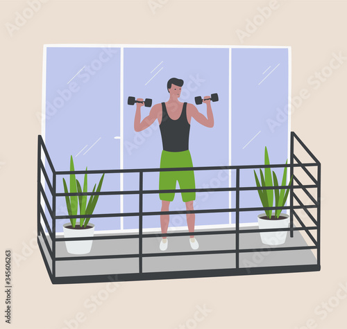 Yung man doing workout on balcony. Fitness boy. Stay home during quarantine. Active healthy lifestyle. Sport at home with dumbbells. Self isolation coronavirus pandemic. Cartoon vector illustration