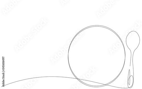 Spoon and plate continuous line drawing, vector illustration