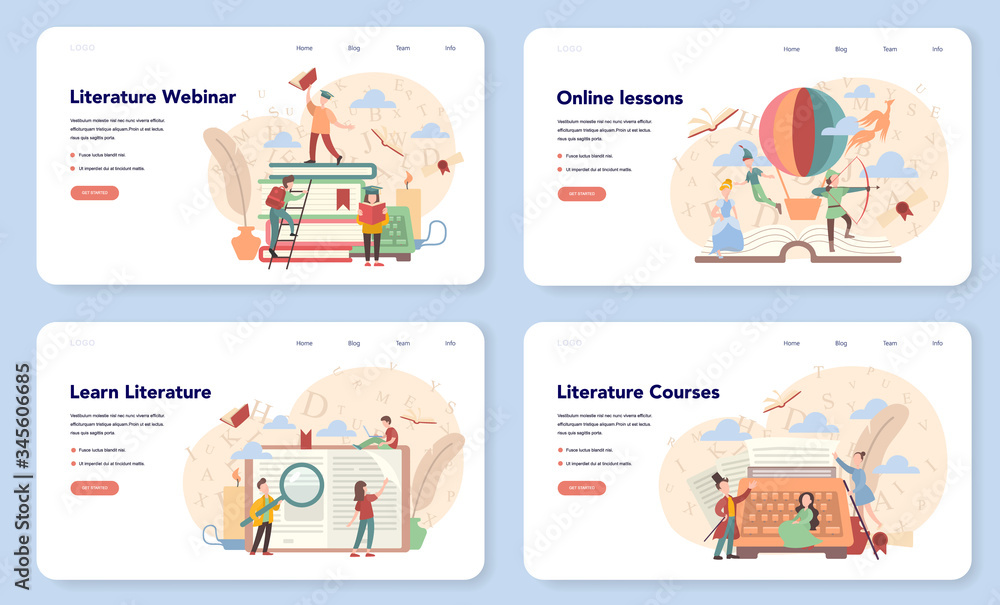 Literature school subject web banner or landing page set. Literature school subject web banner or landing page set.