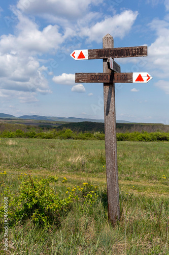 Wood signpost in the Bukk mountains near Szomolya, Hungary