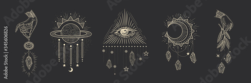 Vector illustration set of moon phases. Different stages of moonlight activity in vintage engraving style. Zodiac Signs, shining crystals, female hand