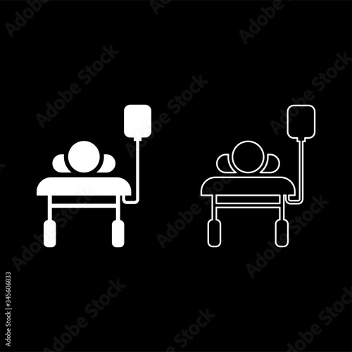 Patient lying on medical bed couch with dropper Man with dropping bottle Emergency therapy concept injecting resuscitation Intensive care icon outline set white color