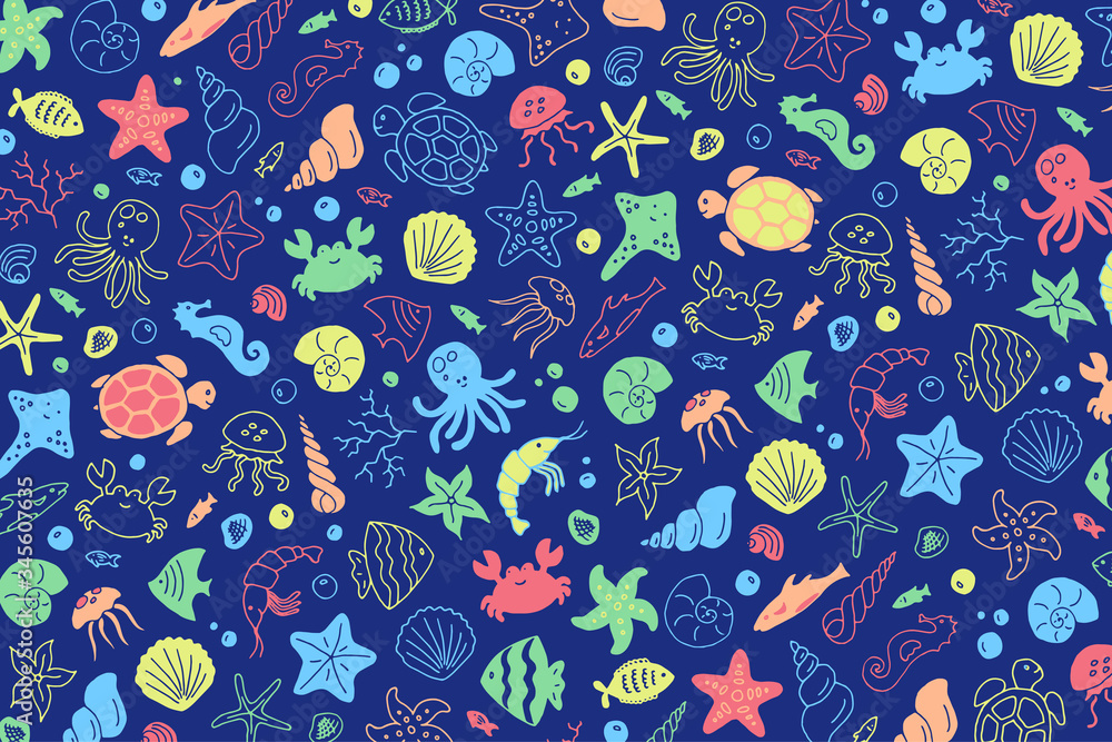 Sea bottom species hand-drawn doodle print in a bright blue palette Underwater creatures background Sea bottom species hand-drawn doodle print in a bright blue palette Underwater creatures background