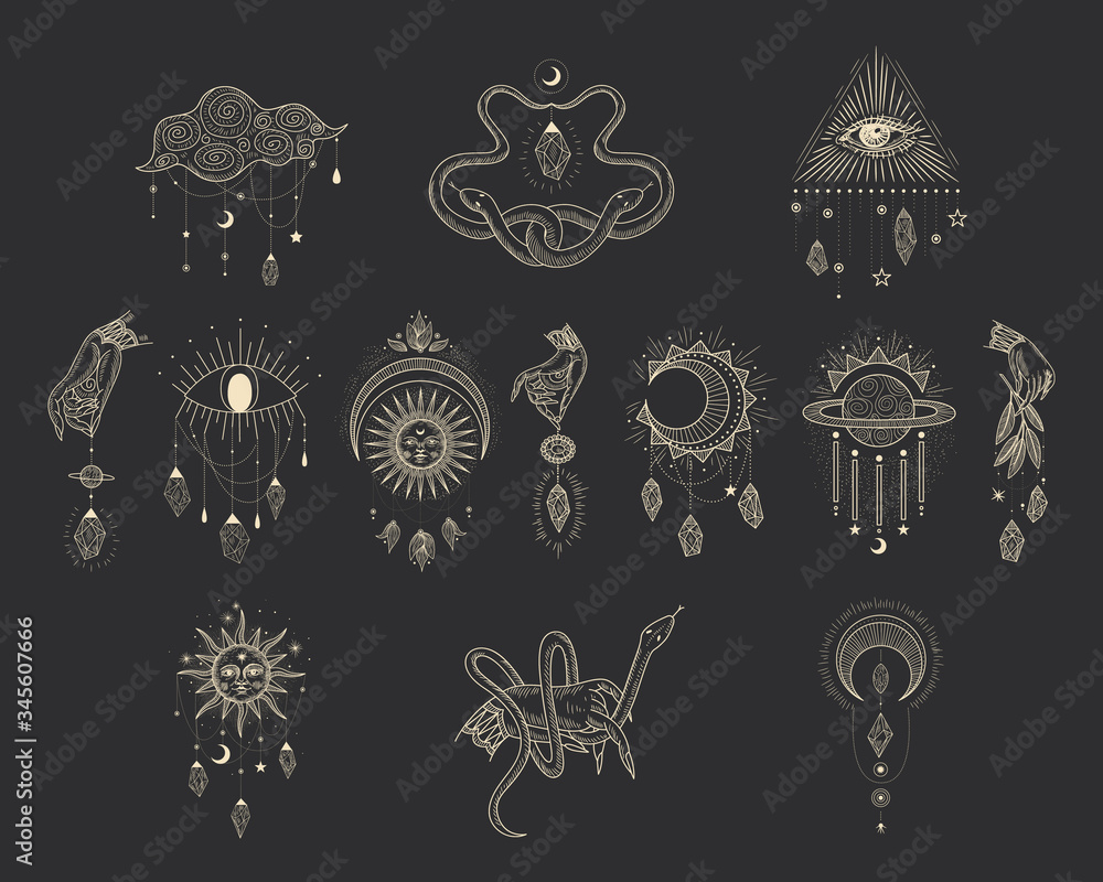 Fototapeta premium Vector illustration set of moon phases. Different stages of moonlight activity in vintage engraving style. Zodiac Signs, shining crystals, female hand