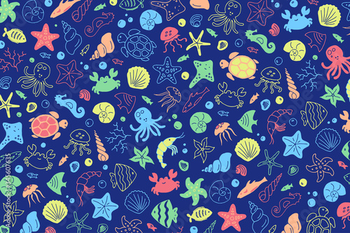 Sea bottom species hand-drawn doodle print in a bright blue palette Underwater creatures background
