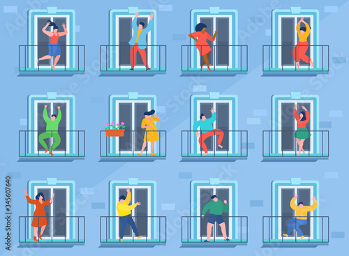 Concept of quarantine. People staing at home and dance on their balconies. Stay home concept. Self isolation, quarantine due to coronavirus.