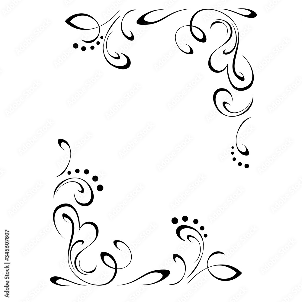 frame 41. decorative rectangular frame with curls, stylized hearts and dots in black lines on a white background
