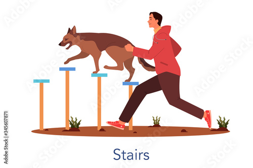 Dog agility stairs. Training exercise for pet. Man training his pet dog.