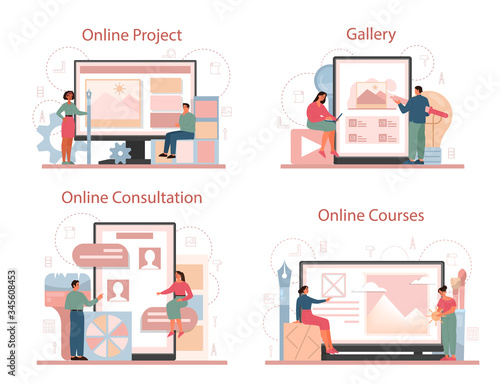 Graphic designer or digital illustrator online service or platform set.