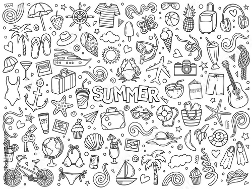 Cartoon hand drawn vector doodle set of summer and vacation.