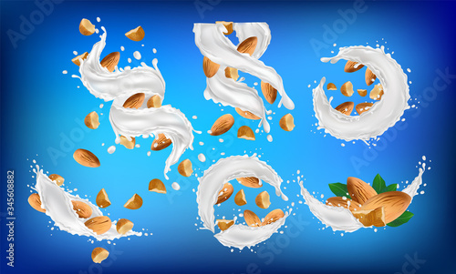 3D realistic almond. Milk splash with nuts. Almond milk. Almond close up. Half , piece almond with milk splashing on blue background. Vector illustration.