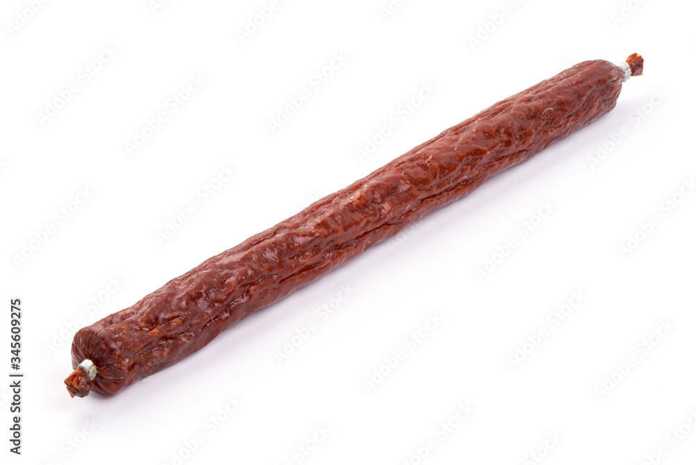 Dry-cured pork Sausage, smoked meat, isolated on white background Dry-cured pork Sausage, smoked meat, isolated on white background