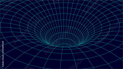 Blue wireframe vector tunnel. 3d wormhole dark illustration.