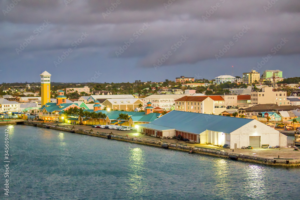 Sunset view of Nassau skyline - Bahamas from cruise ship