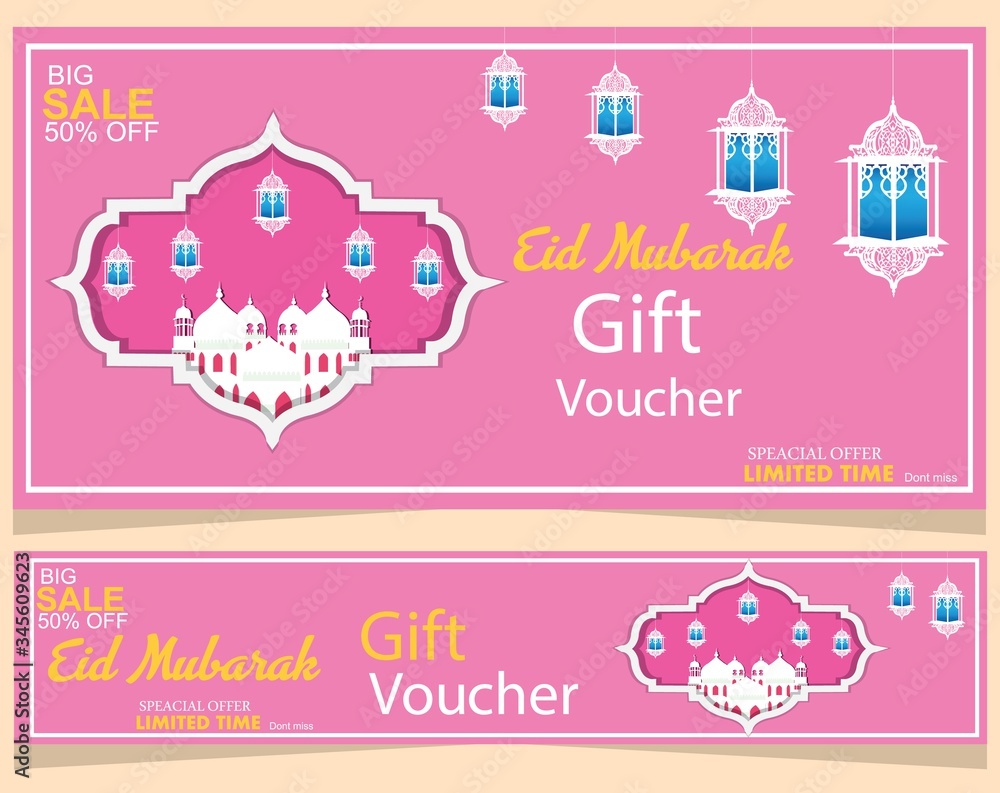 eid mubarak gift voucher design with beautiful mosque and lamp.Invitation or Gift Card Template for Muslim Community Festival