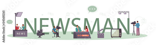 News man typographic header concept. Television host in studio.