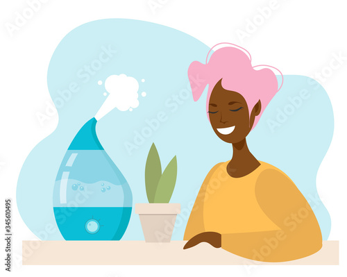 African American young girl with pink hair enjoys the fresh moist air at home.  humidifier in the apartment for human and plant health.  Vector home appliances for a healthy lifestyle