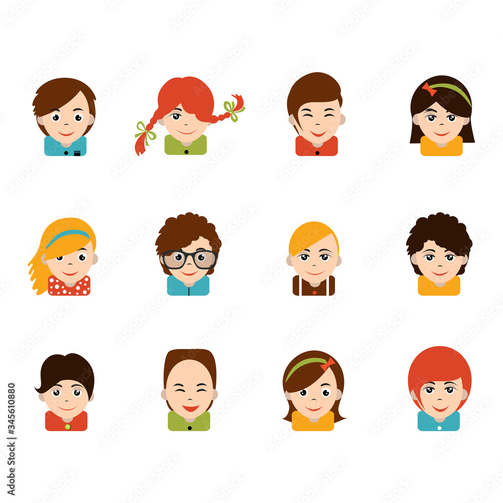Avatar children people head. Various cartoon modern happy faces. Flat design vector illustration. Avatar children people head. Various cartoon modern happy faces. Flat design vector illustration.