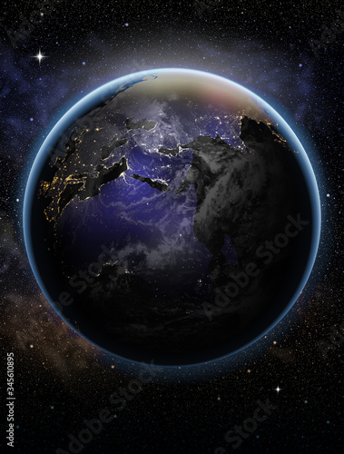 Planet earth in the night sky. Highly realistic illustration.