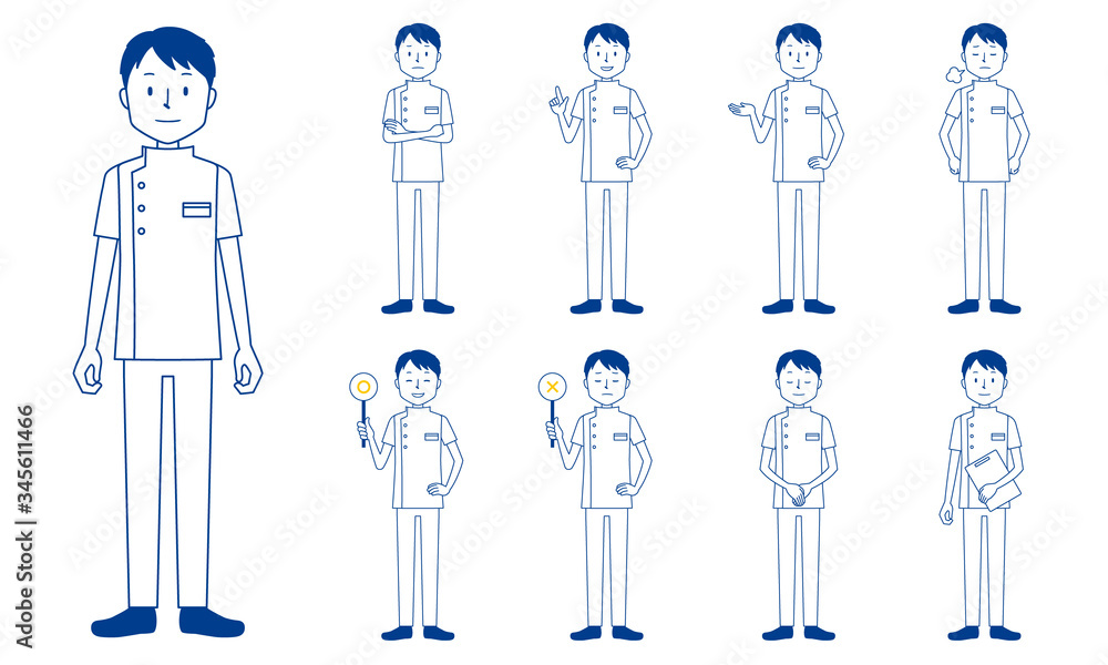 Healthcare worker (physiotherapist) character set in 9 poses isolated vector illustartion Healthcare worker (physiotherapist) character set in 9 poses isolated vector illustartion
