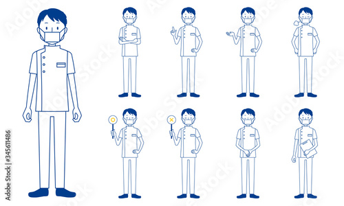 Healthcare worker (physiotherapist) character set in 9 poses isolated vector illustartion