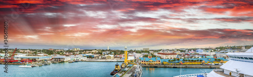 Nassau, Bahamas. Beautiful city view at sunset from cruise ship bridge