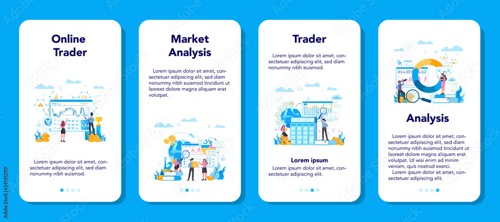 Naklejka premium Trader, financial investment mobile application banner set. Buy, sell