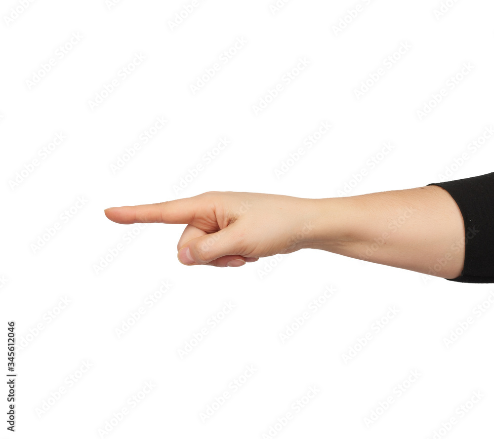 female hand holds pointing with index finger female hand holds pointing with index finger
