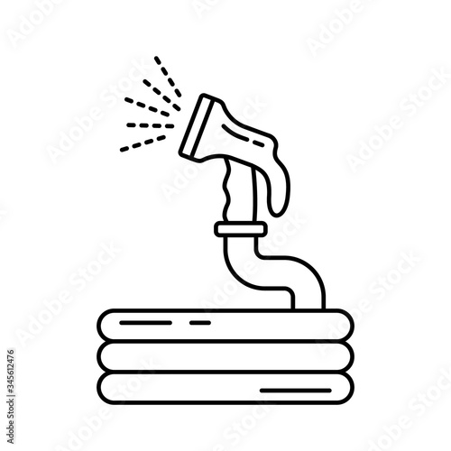 Garden hose with water spray. Line art icon of folded flexible rubber hose with plastic cap for irrigation. Black illustration for horticulture. Contour isolated vector emblem on white background