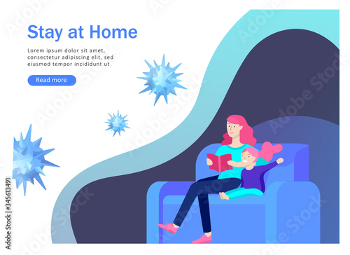 Stay at home concept of coronavirus prevention, awareness social media campaign. Mother and child on quarantine staying together at home. Protection and revention of 2019-nCoV. Banner, landing